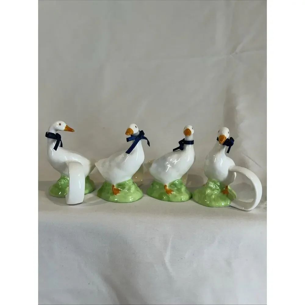 Vintage Ceramic Geese Blue Ribbon Napkin Holder Country Kitchen Decor